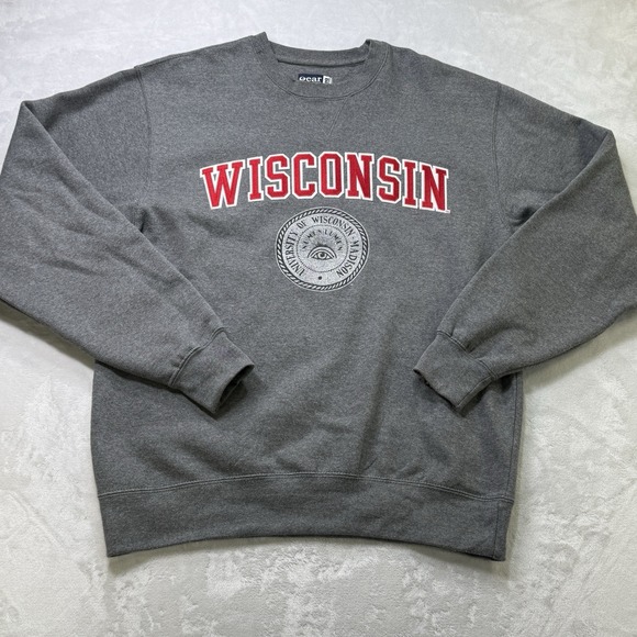 Wisconsin Badgers Crewneck Sweatshirt Gray Big Cotton Logo Mens M - Picture 2 of 9